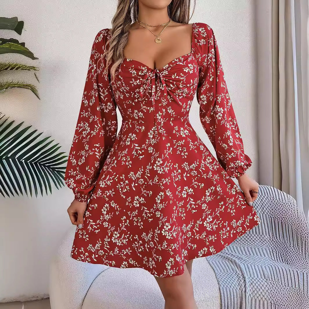 Fashion Floral Print Lantern Sleeve Dress Casual Sexy Tie Square Neck Long Sleeve A-Line Dress Women's Clothing - MANDOTOS