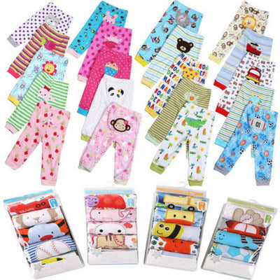 Set of five children's leggings featuring colorful cartoon prints by Ancient Energy, made from comfortable stretchy fabric.