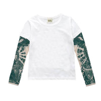 Ancient Energy tattoo boy t-shirt featuring a bold tattoo-inspired design on a black fabric background.