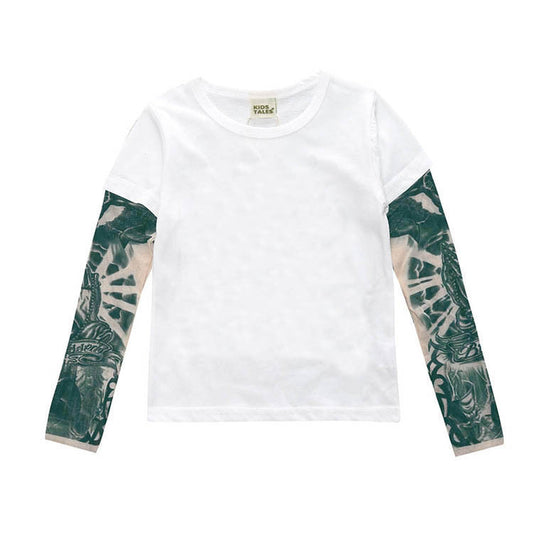 Ancient Energy tattoo boy t-shirt featuring a bold tattoo-inspired design on a black fabric background.