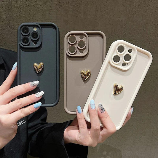 3D Gold Heart Silicone Soft Phone Case For iPhone 15 14 13 12 11 16 Pro Max XS XR 7 8 Plus SE 2020 Shockproof Candy Matte Cover - MANDOTOS
