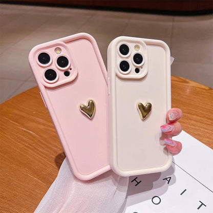 3D Gold Heart Silicone Soft Phone Case For iPhone 15 14 13 12 11 16 Pro Max XS XR 7 8 Plus SE 2020 Shockproof Candy Matte Cover - MANDOTOS