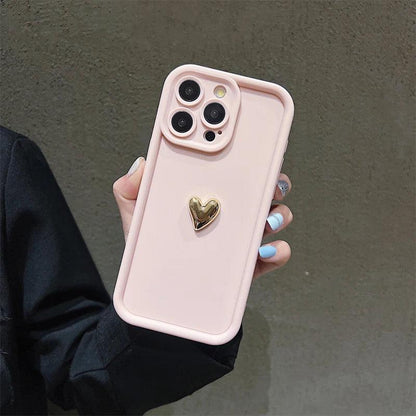 3D Gold Heart Silicone Soft Phone Case For iPhone 15 14 13 12 11 16 Pro Max XS XR 7 8 Plus SE 2020 Shockproof Candy Matte Cover - MANDOTOS