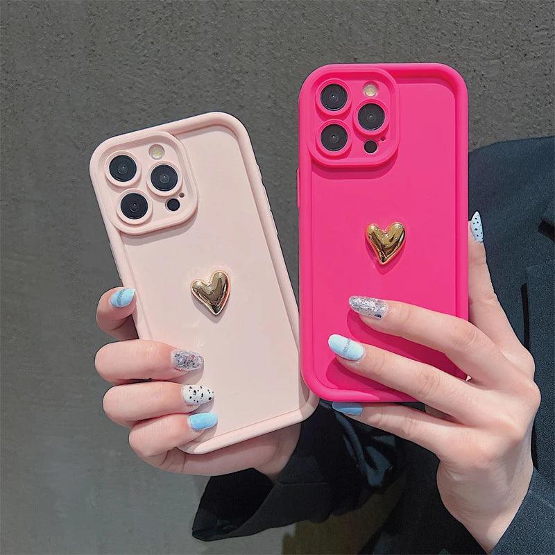 3D Gold Heart Silicone Soft Phone Case For iPhone 15 14 13 12 11 16 Pro Max XS XR 7 8 Plus SE 2020 Shockproof Candy Matte Cover - MANDOTOS