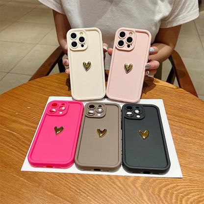 3D Gold Heart Silicone Soft Phone Case For iPhone 15 14 13 12 11 16 Pro Max XS XR 7 8 Plus SE 2020 Shockproof Candy Matte Cover - MANDOTOS