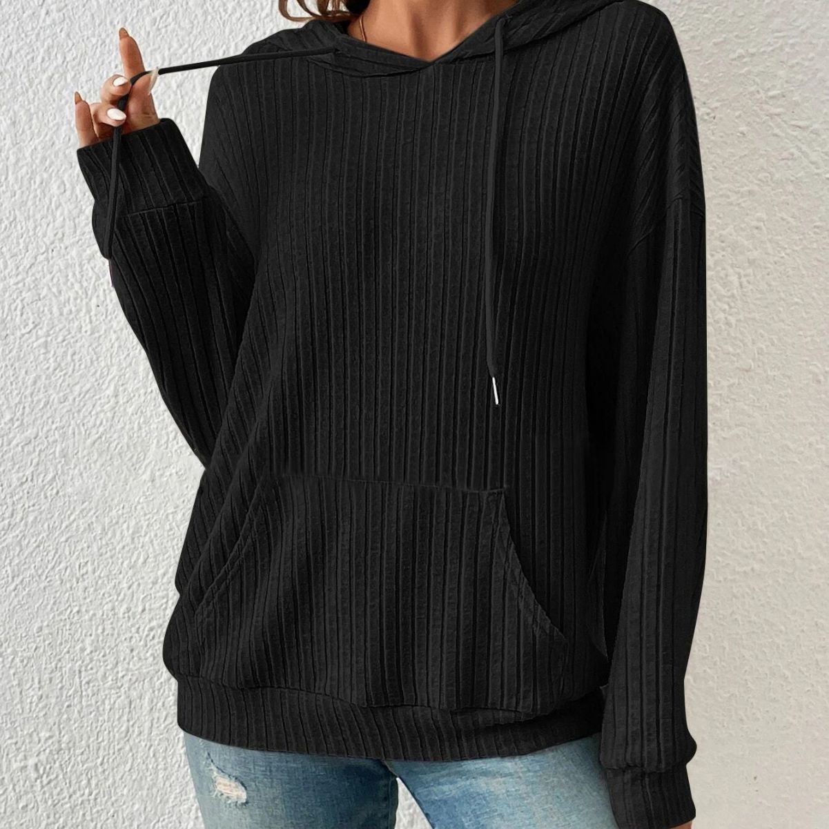 Fashion Drawstring Long-sleeved Hooded Sweatshirt With Pockets Solid Sunken Stripe Hoodie Knitwear Womens Clothing - MANDOTOS