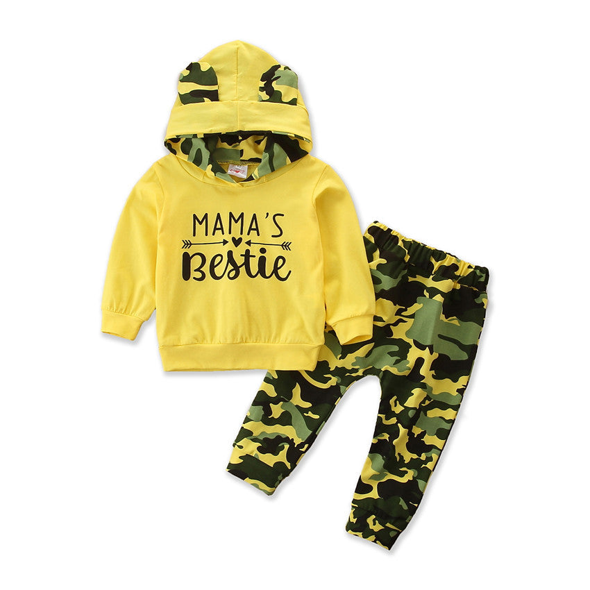 Girls spring and autumn hooded sweater set by Ancient Energy, featuring a camouflage design and two-piece baby girl clothing.