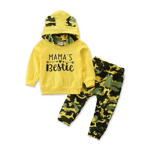 Girls spring and autumn hooded sweater set by Ancient Energy, featuring a camouflage design and two-piece baby girl clothing.