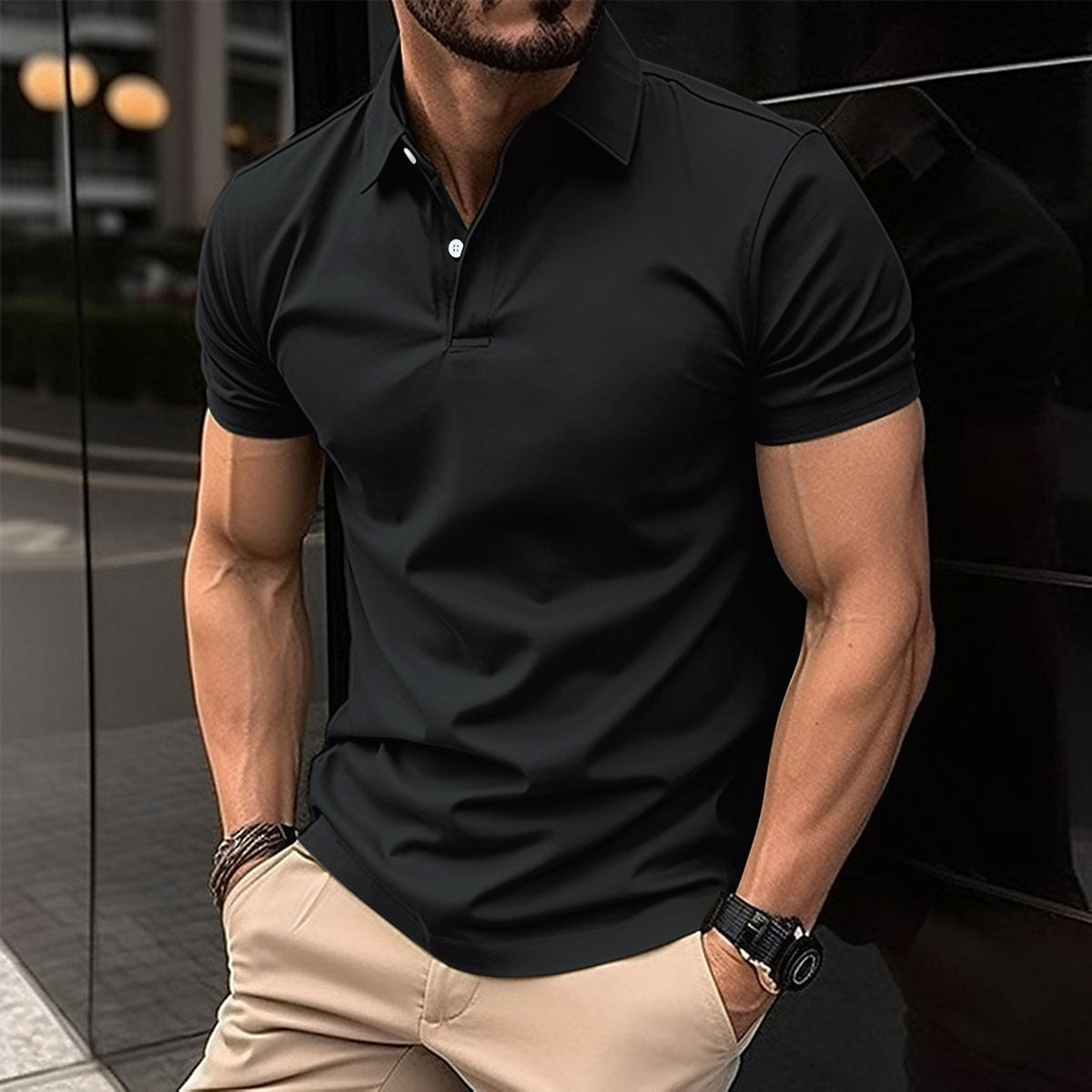 Summer Short Sleeve Polo Shirt Men Solid Color Button Lapel Button Top - MANDOTOS