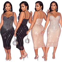 Women's Tight Braces Mesh Rhinestone Dress