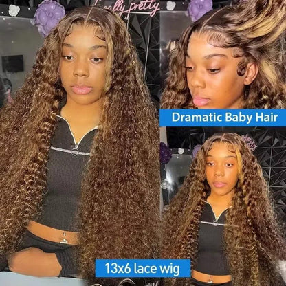 4/27 Highlight Ombre Deep Wave HD Lace Front Wig 180 Density Curly 30 nch 13x5 Brown 13x6 Lace Frontal Human Hair Wig Brazilian - MANDOTOS