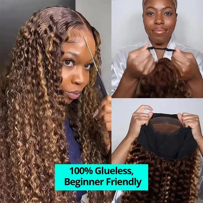 4/27 Highlight Ombre Deep Wave HD Lace Front Wig 180 Density Curly 30 nch 13x5 Brown 13x6 Lace Frontal Human Hair Wig Brazilian - MANDOTOS