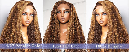 4/27 Highlight Ombre Deep Wave HD Lace Front Wig 180 Density Curly 30 nch 13x5 Brown 13x6 Lace Frontal Human Hair Wig Brazilian - MANDOTOS