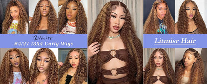 4/27 Highlight Ombre Deep Wave HD Lace Front Wig 180 Density Curly 30 nch 13x5 Brown 13x6 Lace Frontal Human Hair Wig Brazilian - MANDOTOS