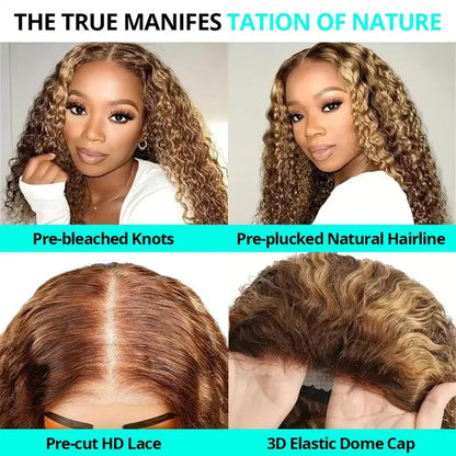 4/27 Highlight Ombre Deep Wave HD Lace Front Wig 180 Density Curly 30 nch 13x5 Brown 13x6 Lace Frontal Human Hair Wig Brazilian - MANDOTOS