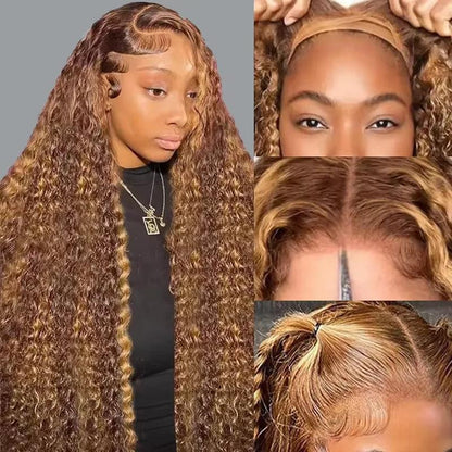 4/27 Highlight Ombre Deep Wave HD Lace Front Wig 180 Density Curly 30 nch 13x5 Brown 13x6 Lace Frontal Human Hair Wig Brazilian - MANDOTOS
