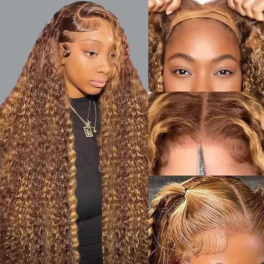 4/27 Highlight Ombre Deep Wave HD Lace Front Wig 180 Density Curly 30 nch 13x5 Brown 13x6 Lace Frontal Human Hair Wig Brazilian - MANDOTOS