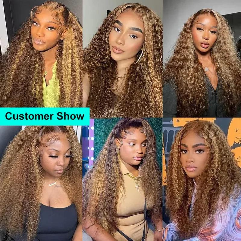 4/27 Highlight Ombre Deep Wave HD Lace Front Wig 180 Density Curly 30 nch 13x5 Brown 13x6 Lace Frontal Human Hair Wig Brazilian - MANDOTOS