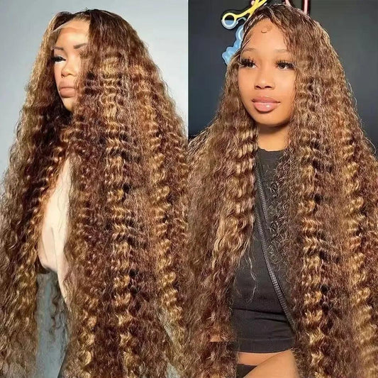 4/27 Highlight Ombre Deep Wave HD Lace Front Wig 180 Density Curly 30 nch 13x5 Brown 13x6 Lace Frontal Human Hair Wig Brazilian - MANDOTOS
