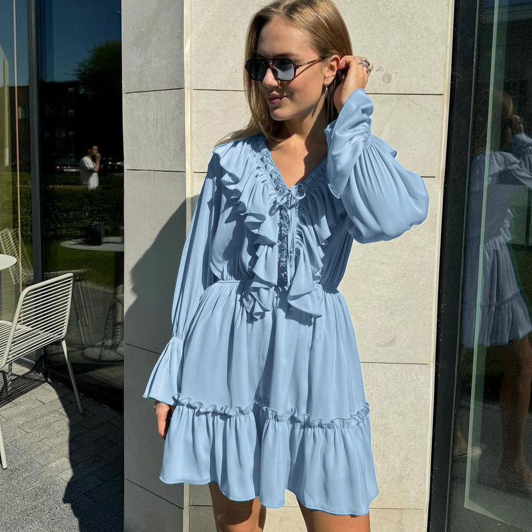 Fashion V Neck Pleated Ruffle Long Sleeve Dress Y2K V Neck Flared Sleeve Short Dress Women's Clothing - MANDOTOS