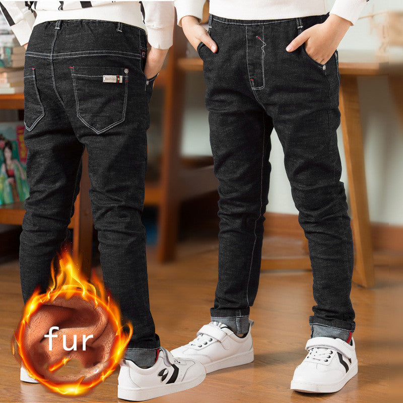 Children's boys' jeans with thick fleece lining, winter casual wear by Ancient Energy, showing the cozy denim pants with fleece inside