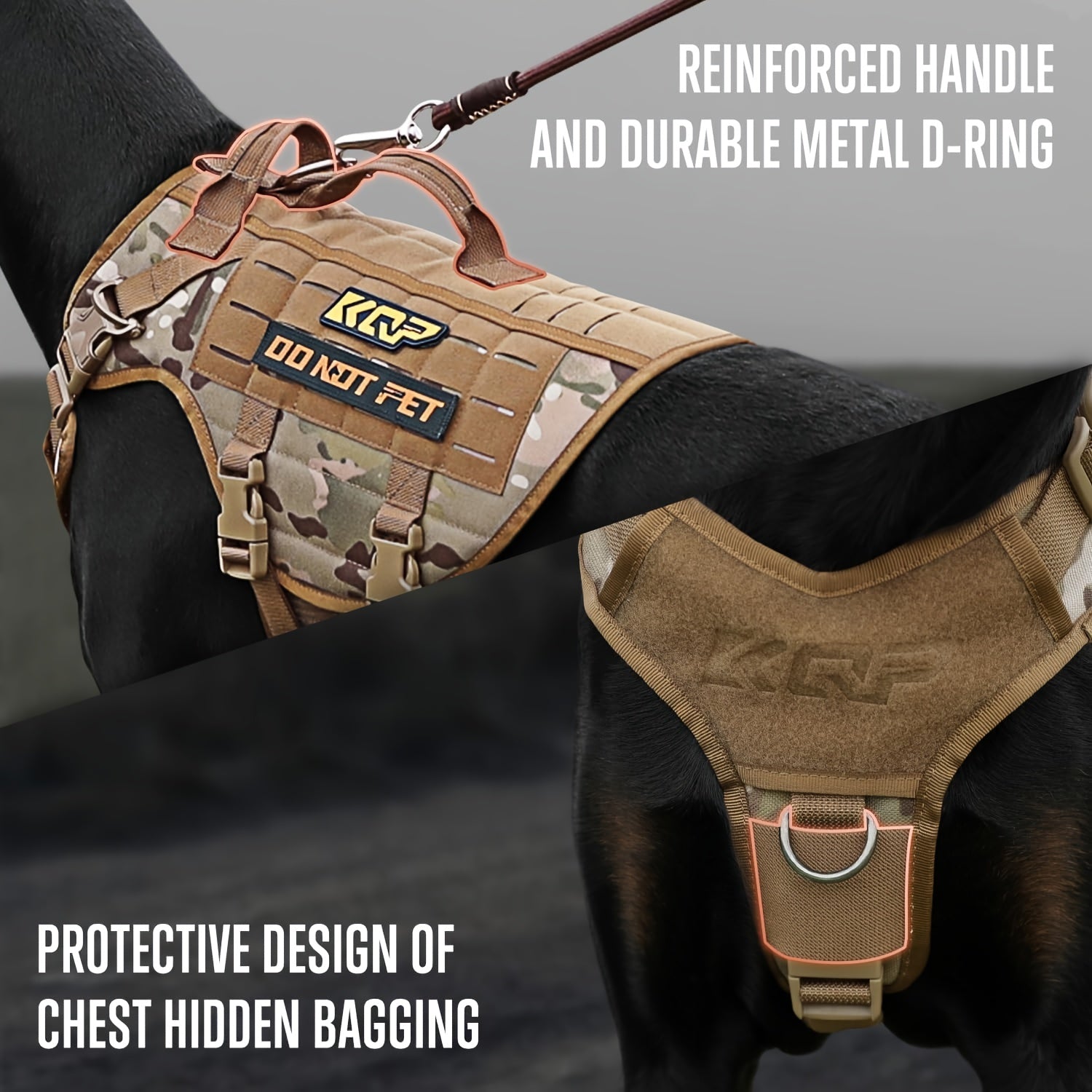 No Pull Tactical Dog Harness - Adjustable Molle Vest with Hook & Loop Panels, Handle for Training Walking Hunting Work Dogs - MANDOTOS