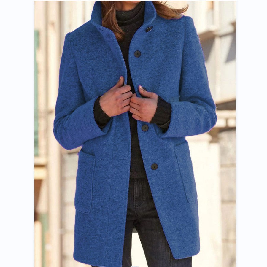 Fashion Stand Collar Woolen Coat With Pockets Fall Winter Casual Button Outwear For Women Clothing - MANDOTOS