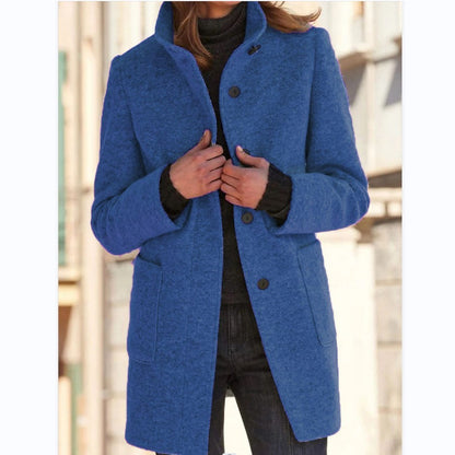 Fashion Stand Collar Woolen Coat With Pockets Fall Winter Casual Button Outwear For Women Clothing - MANDOTOS