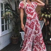 Mandotos International Tropical Bloom Maxi Dress featuring vibrant floral patterns and flowing fabric for a stylish summer look.