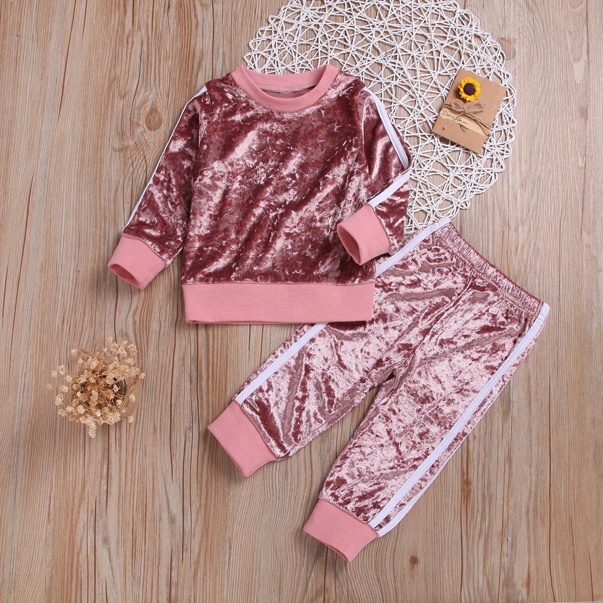 Baby girl’s breathable fashion tracksuit set with gold velvet sweatshirt and matching trousers, soft and comfortable for everyday wear.