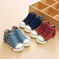 Children's breathable denim sneakers by Ancient Energy, casual sport shoes for boys and girls with comfortable canvas design.