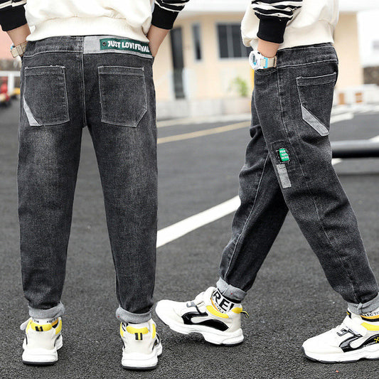 Ancient Energy boys' autumn and winter velvet one-piece jeans, comfortable and warm for cold weather.