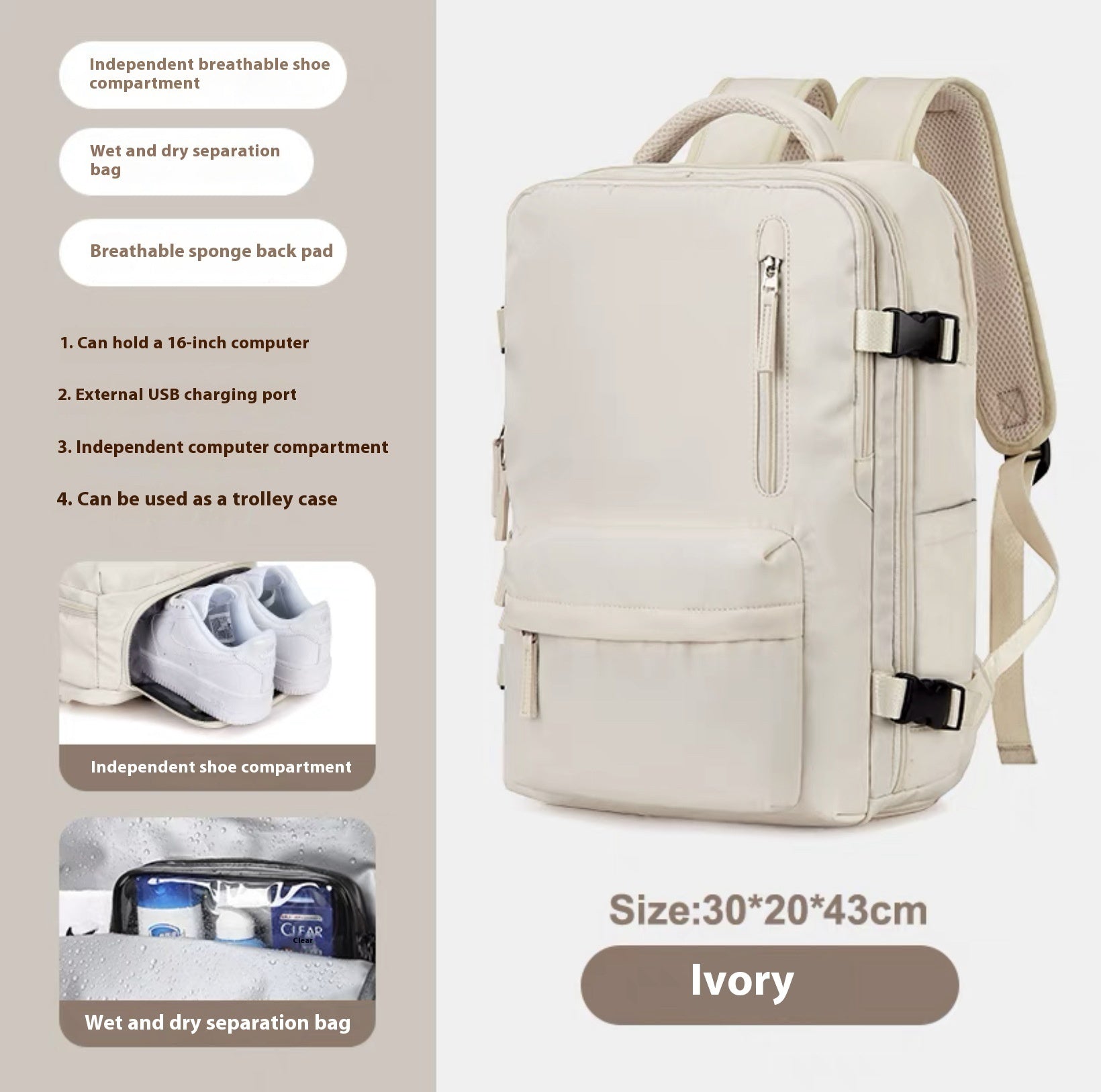 Ancient Energy large capacity travel backpack with multiple compartments, ideal for students and school use.