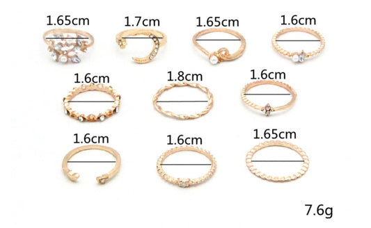 Bohemian Fashion Star Moon Love Pearl Leaf 10-Piece Ring - MANDOTOS