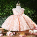 Baby girl dress for one-year-old by Ancient Energy, soft pastel-colored with ruffles and floral details.