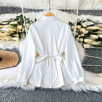 Women's Elegant Lapel Button-Down Top With Adjustable Metal Waist Belt Solid Color Loose Fit Blouse For Casual & Office Wear