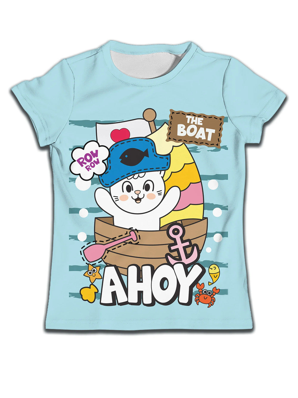 Children's boy T-shirt by Ancient Energy featuring a soft fabric and cute cat cartoon pattern, casual and comfortable for everyday wear.