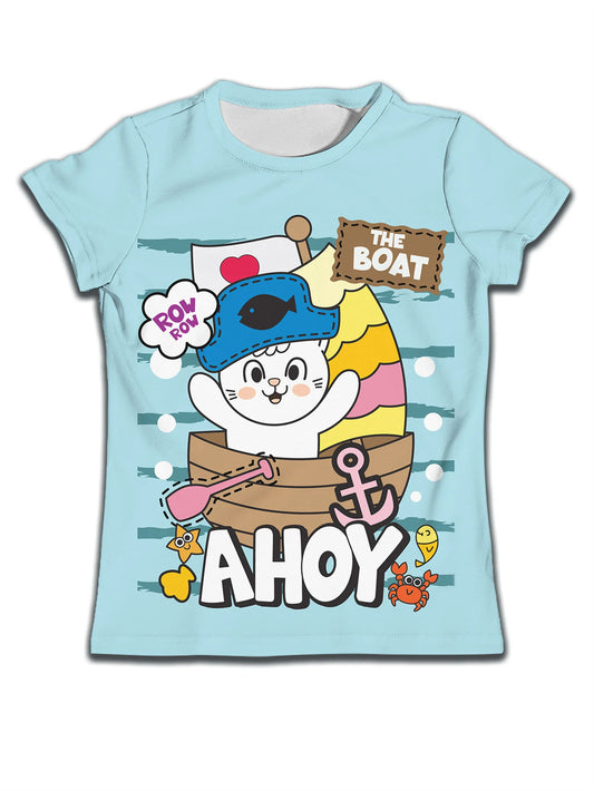 Children's boy T-shirt by Ancient Energy featuring a soft fabric and cute cat cartoon pattern, casual and comfortable for everyday wear.