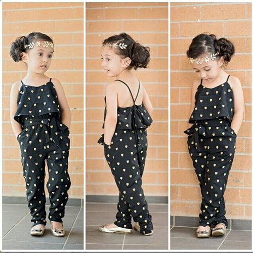 Kids girls' summer clothing set by Ancient Energy featuring a sleeveless cotton polka dot jumpsuit with straps for children.