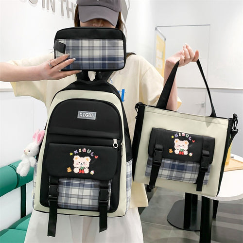 Ancient Energy large capacity high school plaid three-piece backpack set with student design, suitable for junior high and elementary students.