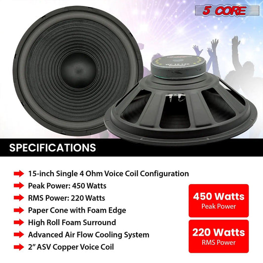 5Core Max Bass 15 Inch Subwoofer 450W 4Ohm - MANDOTOS