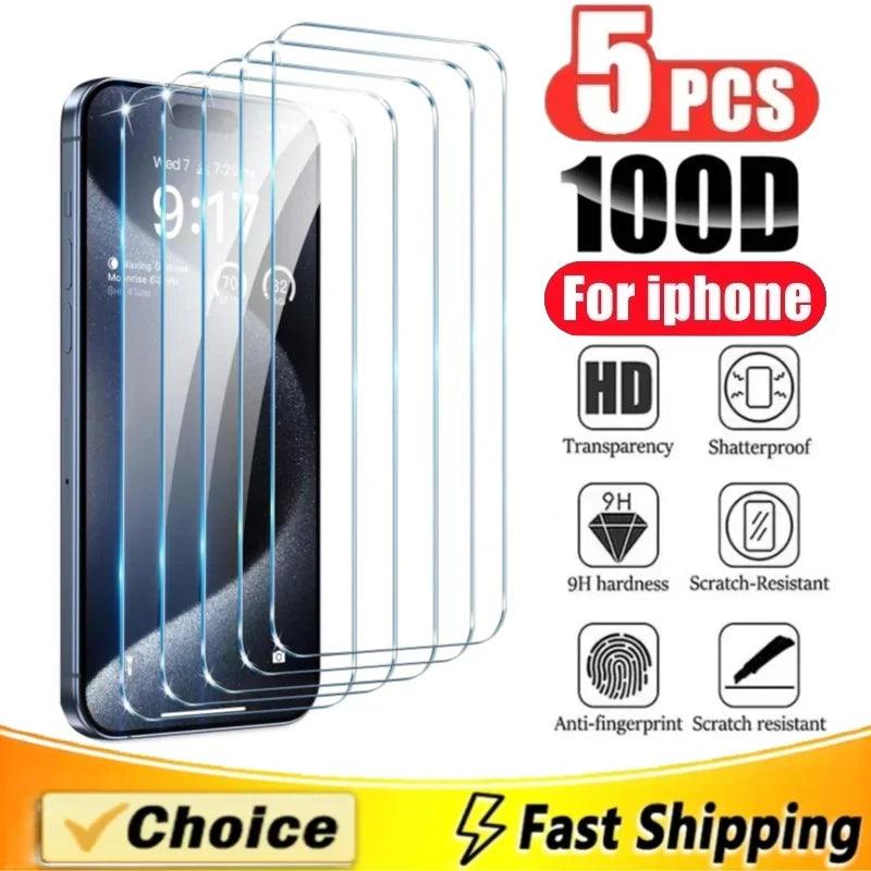5pcs Tempered Glass For iPhone 15 Pro Max Screen Protector For iphone 14 13 12 11 16 7 8 Plus X XR XS Max Mini Protective Glass - MANDOTOS