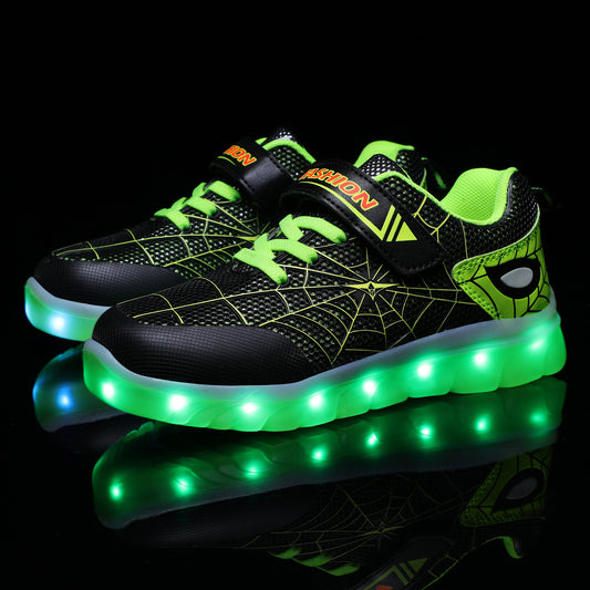 Kids' LED USB rechargeable glowing shoes in size 26-37 by Ancient Energy with hook loop straps and illuminated soles.