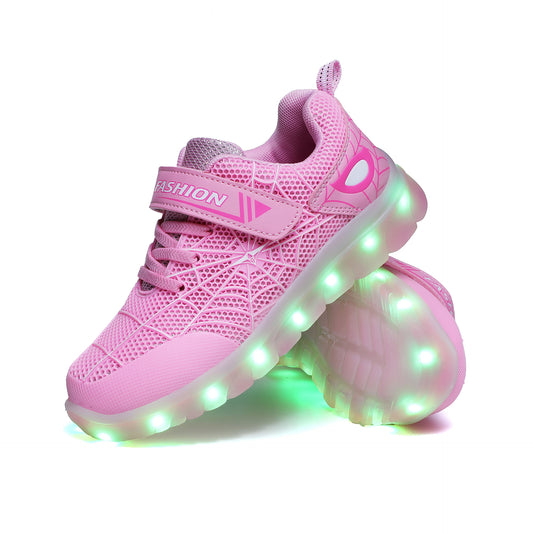 Kids' LED glowing shoes by Ancient Energy in size 26-37, with USB rechargeability and hook loop closure, glowing in vibrant colors.