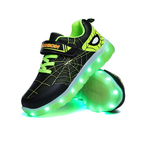 Kids' LED glowing shoes by Ancient Energy in size 26-37, featuring USB rechargeable lights and hook loop straps.