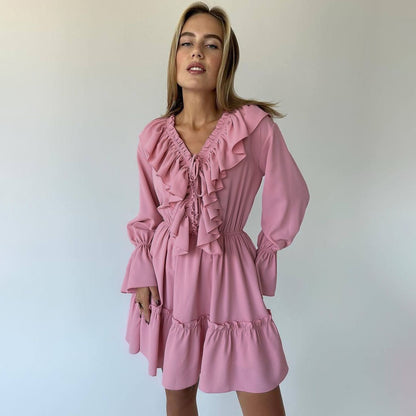 Fashion V Neck Pleated Ruffle Long Sleeve Dress Y2K V Neck Flared Sleeve Short Dress Women's Clothing - MANDOTOS