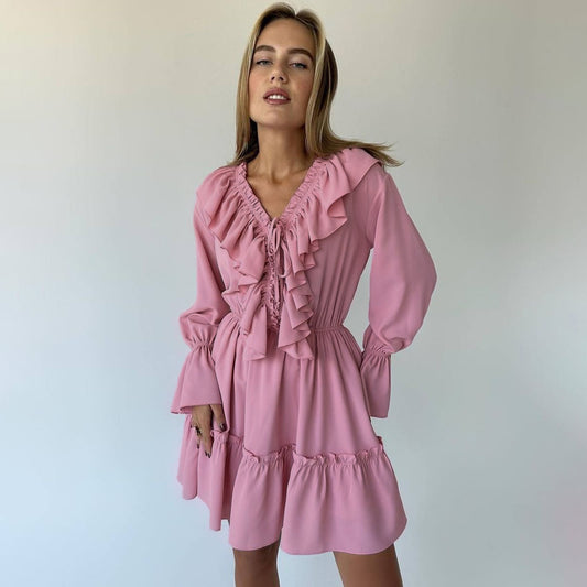 Fashion V Neck Pleated Ruffle Long Sleeve Dress Y2K V Neck Flared Sleeve Short Dress Women's Clothing - MANDOTOS