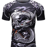 Ancient Energy MMA workout compression rashguard shirt with black and gray athletic fabric for training and fighting.