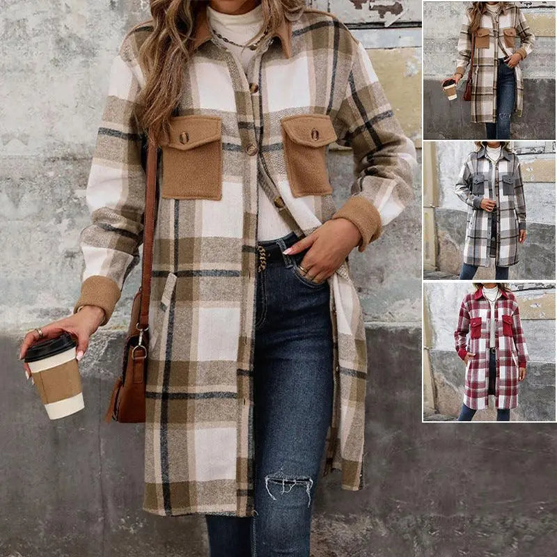 "New Brushed Plaid Long Coat With Pockets Fashion Winter Jacket Outwear Women's Clothing - MANDOTOS"