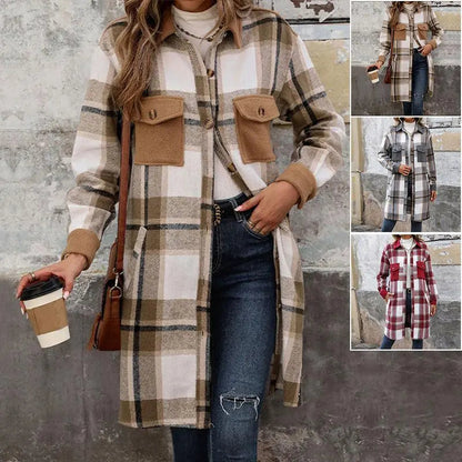 "New Brushed Plaid Long Coat With Pockets Fashion Winter Jacket Outwear Women's Clothing - MANDOTOS"